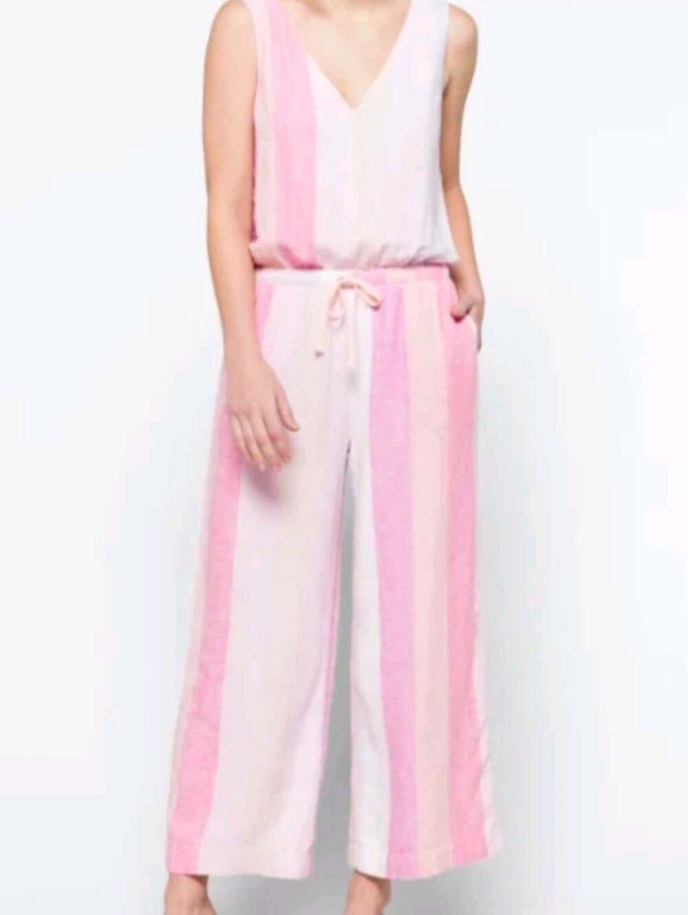 Splendid Kianna Jumpsuit Striped Linen Viscose V Neck Pink White Blue Wide Leg M